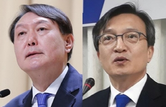 윤석열(왼쪽) 국민의힘 대선 후보와 김의겸 열린민주당 의원. 연합뉴스